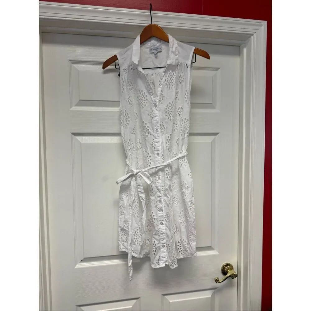 Michael Stars Bernadette White Eyelet Tie Belt Button Down Shirt Dress sz L EUC